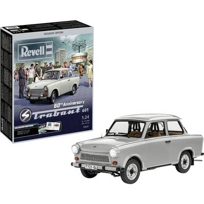 Model kit of a Trabant 601 in 1:24 scale to commemorate its 60th anniversary, with packaging. Diecast model in grey with detailed reproduction.