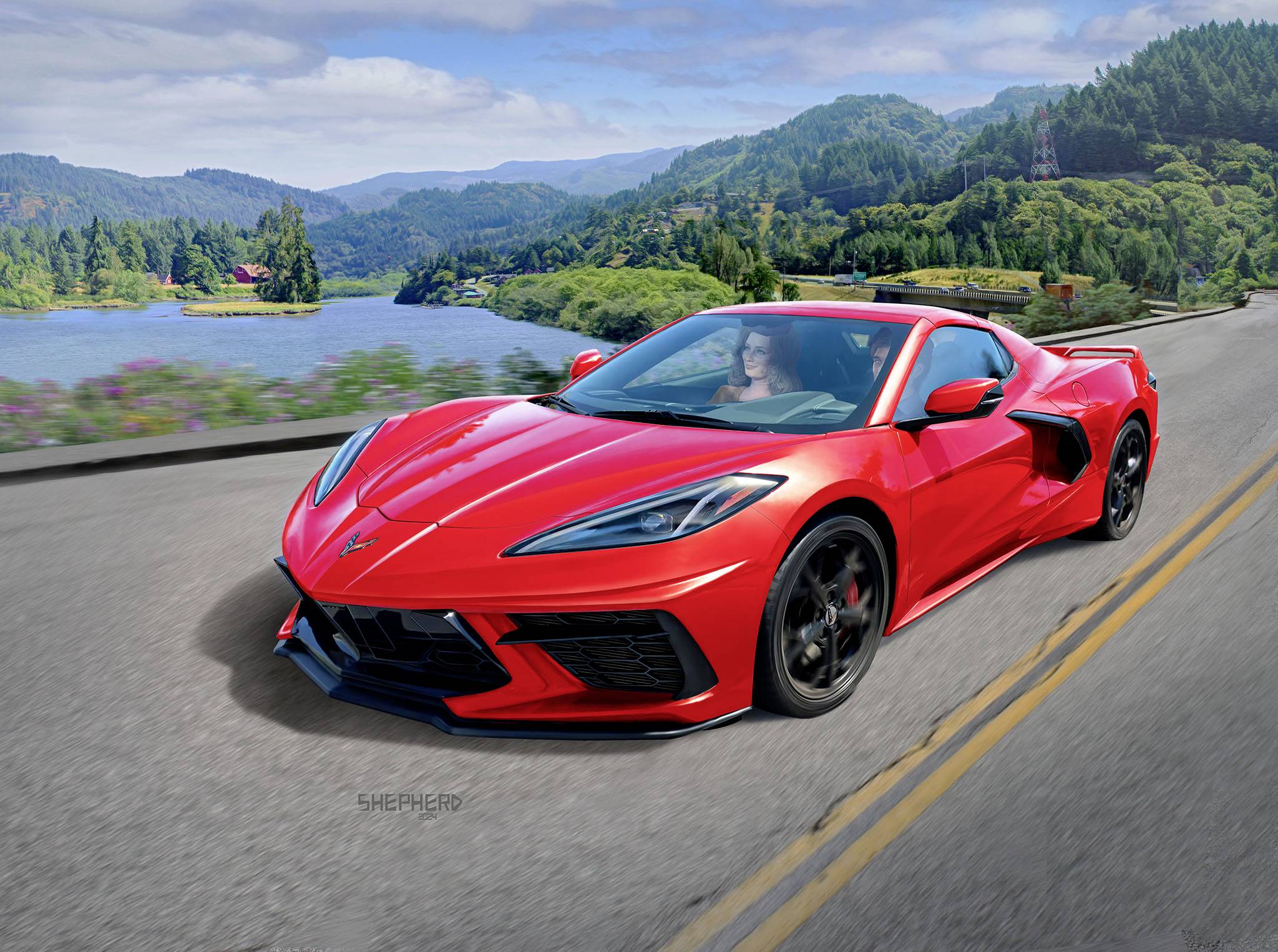 A red sports car drives along a picturesque road with a mountainous landscape and lake in the background. One person sits behind the wheel.