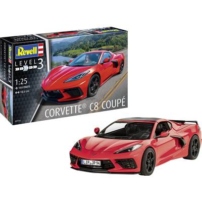 Revell model kit of the 'Corvette C8 Coupé', scale 1:25, with an image of the red Corvette on the packaging and as a completed model.