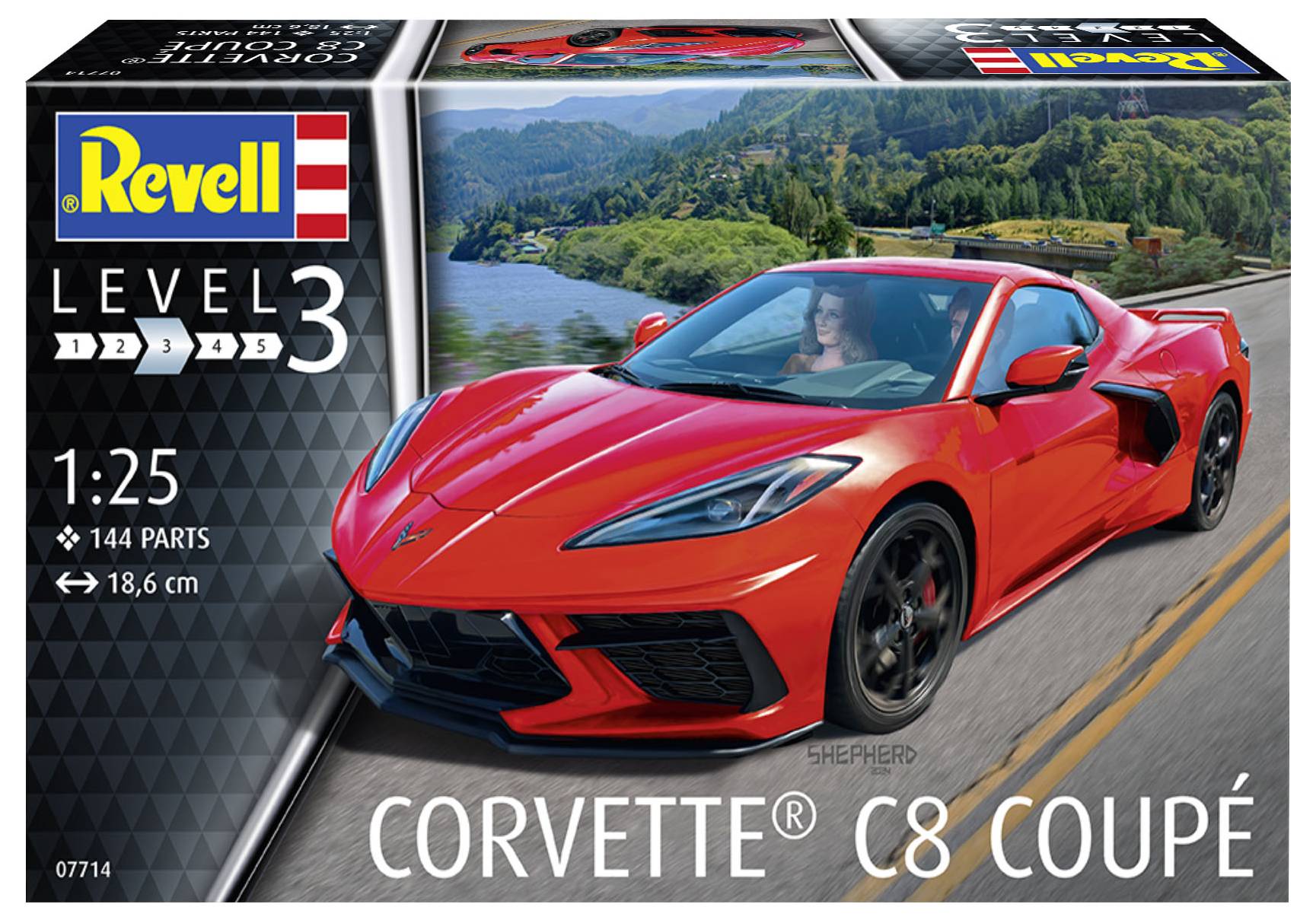 A red Corvette C8 Coupé sports car on a winding road alongside a river landscape. Packaging shows Revell Level 3 model kit.