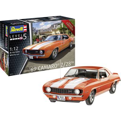 Kit of a '69 Camaro Z/28' by Revell, scale 1:12, shows an orange and white striped model car. Contains 168 parts.