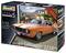 Model kit for '69 Camaro Z/28', scale 1:12, 168 pieces. Orange sports car against mountain backdrop, part of limited edition.
