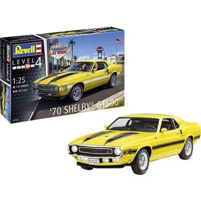 Model kit of a yellow '70 Shelby® GT500™ with black stripes. Packaging shows car in a street scene in Las Vegas.