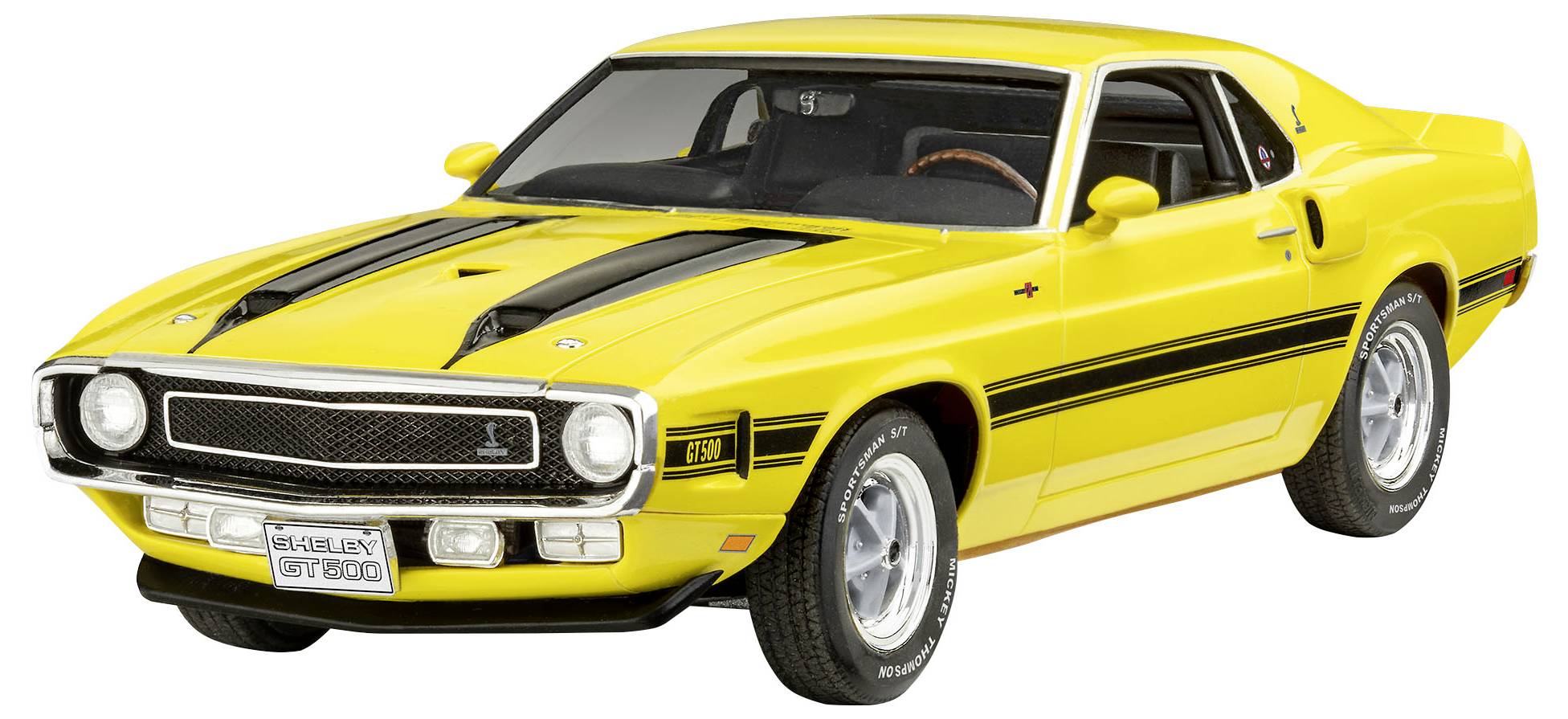 A yellow sports car in side profile, classic design, black-striped bonnet, gleaming chrome wheels, standing on a white surface.