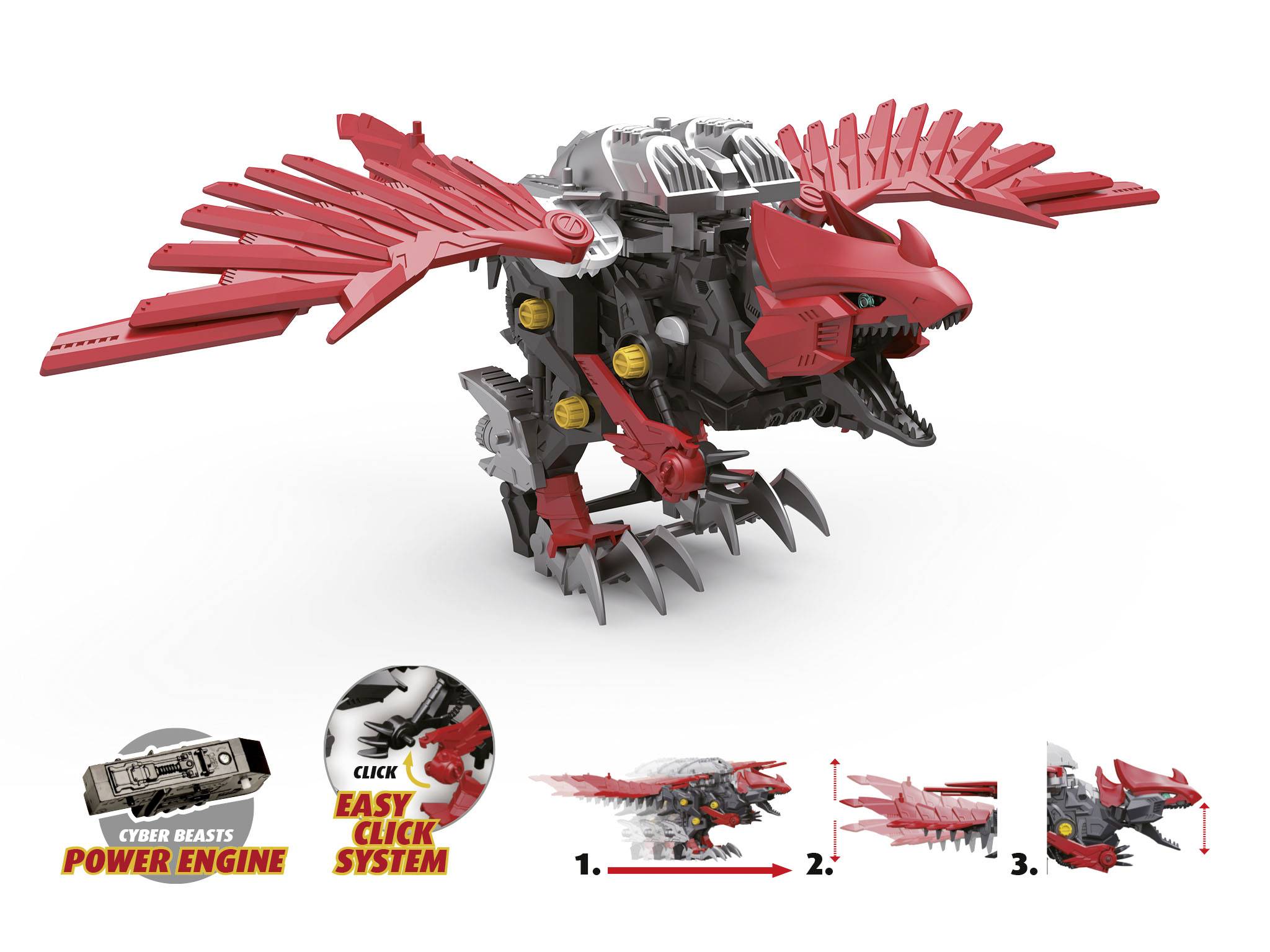 The image shows a red-grey toy dinosaur with wings. Instruction steps and features 'Power Engine' and 'Easy Click System' are depicted at the bottom.