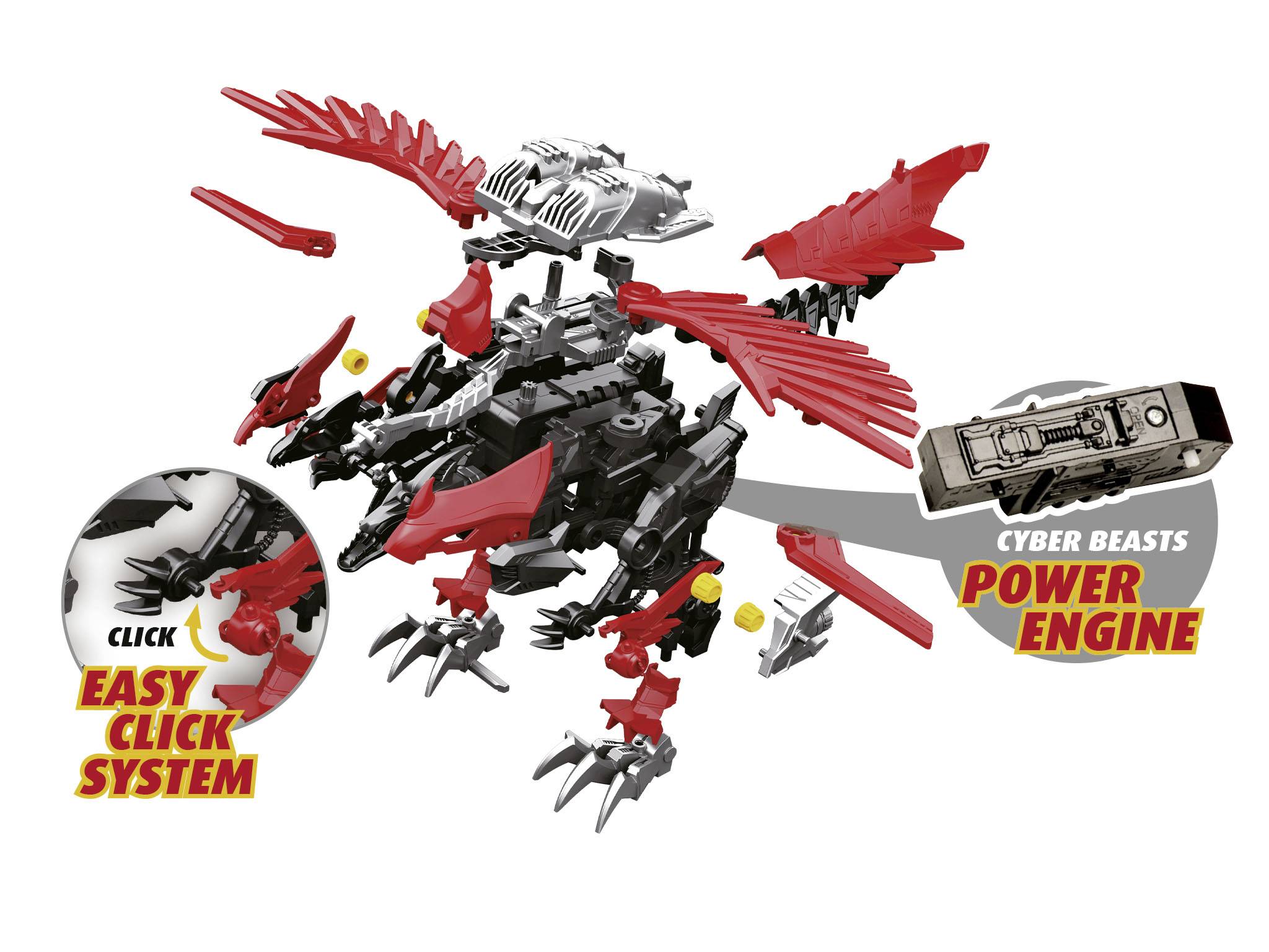 A black dragon with red wings and claws made from plastic building blocks, with the 'Easy Click System' and 'Power Engine' highlighted.