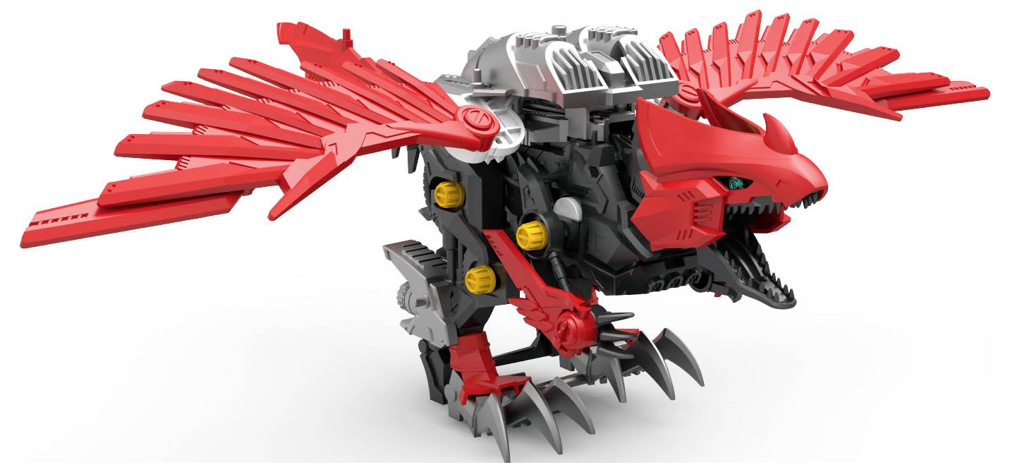 A red robot bird with outstretched wings, composed of various mechanical parts and gears.