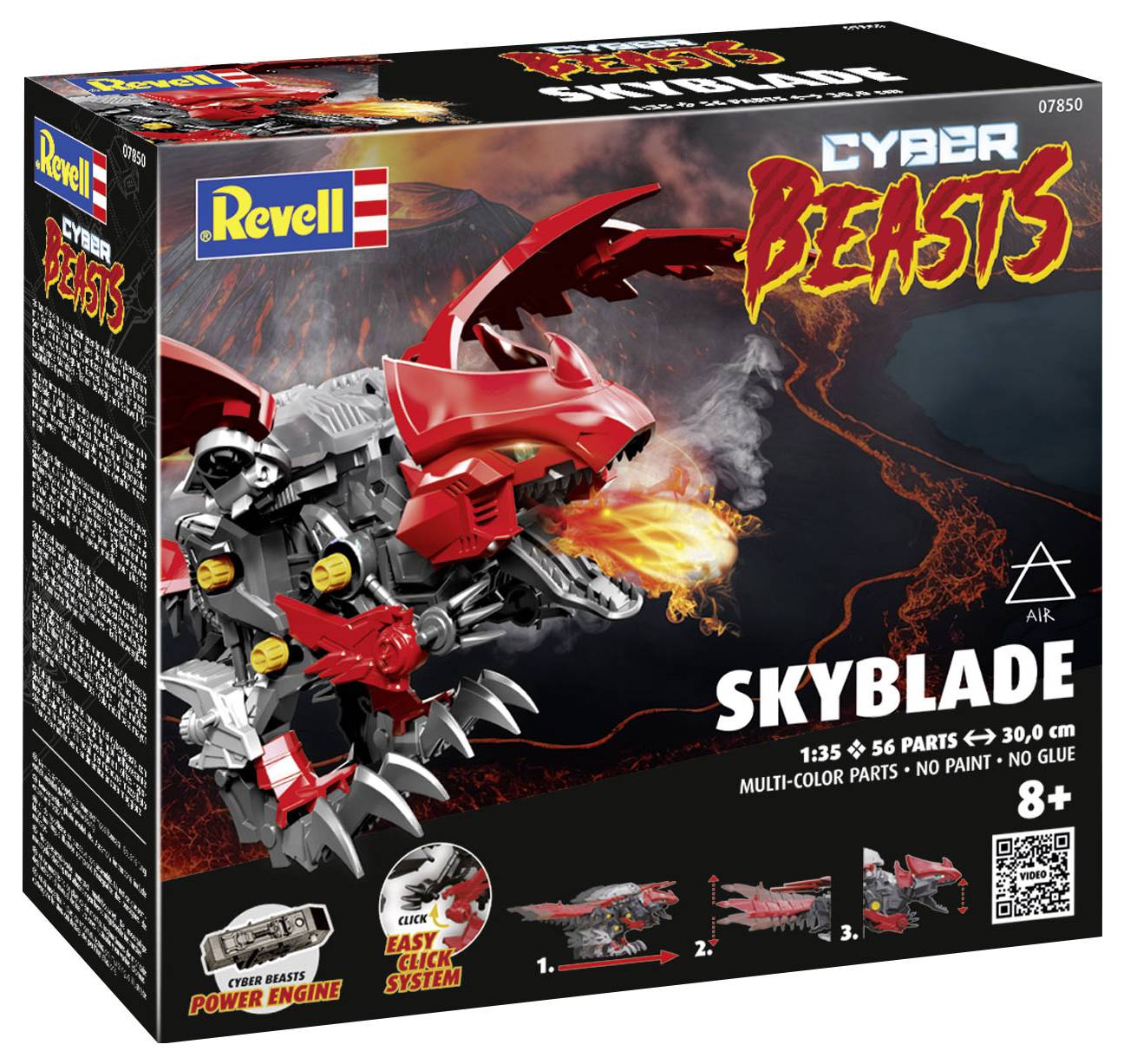 A Revell model kit shows 'Cyber Beasts: Skyblade', a fire-breathing red dragon made up of 56 parts for children aged 8 and above.