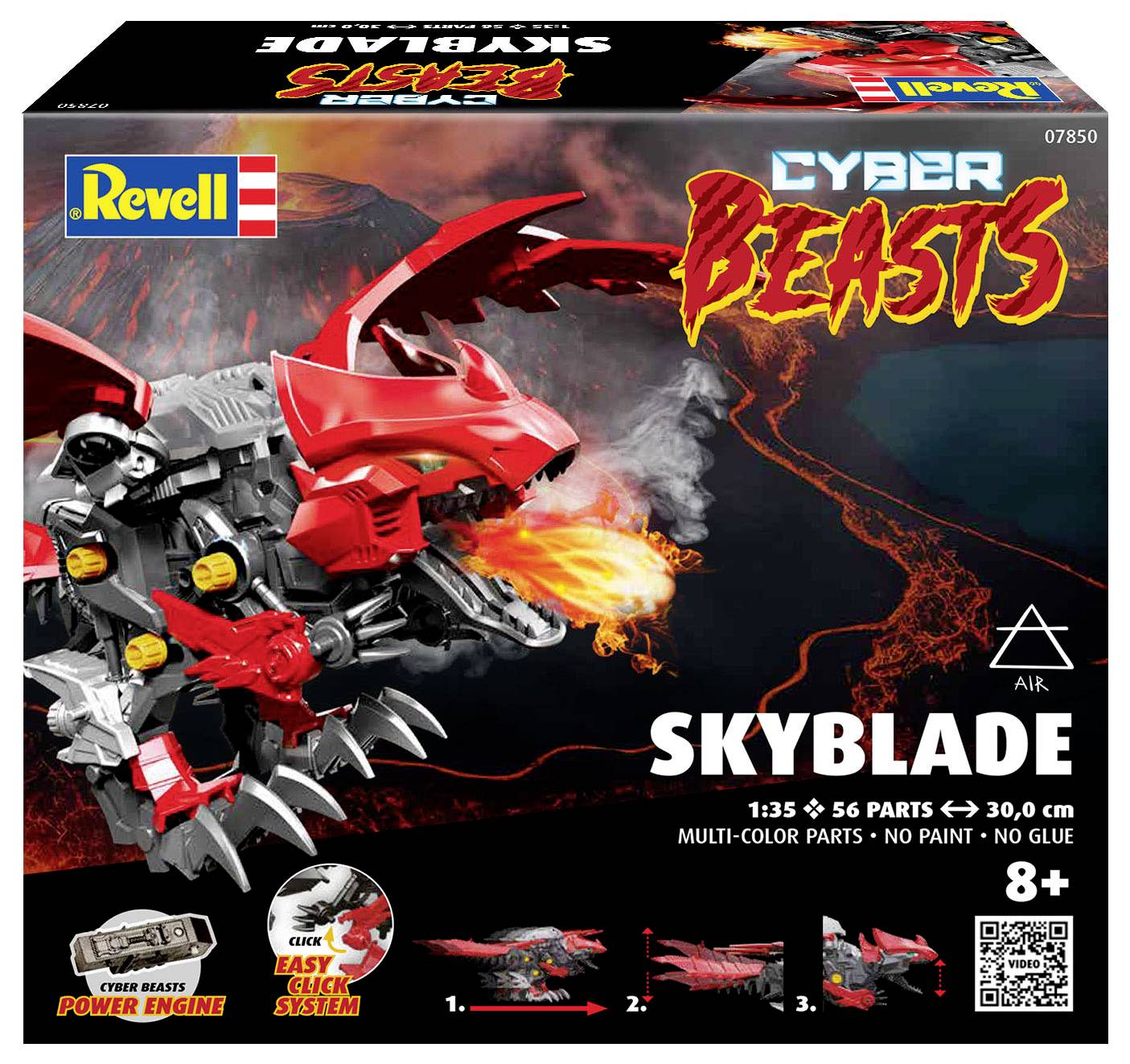 Construction kit for a red, dragon-like robot named 'Skyblade' by Revell, suitable for children aged 8 and above; includes 56 parts.
