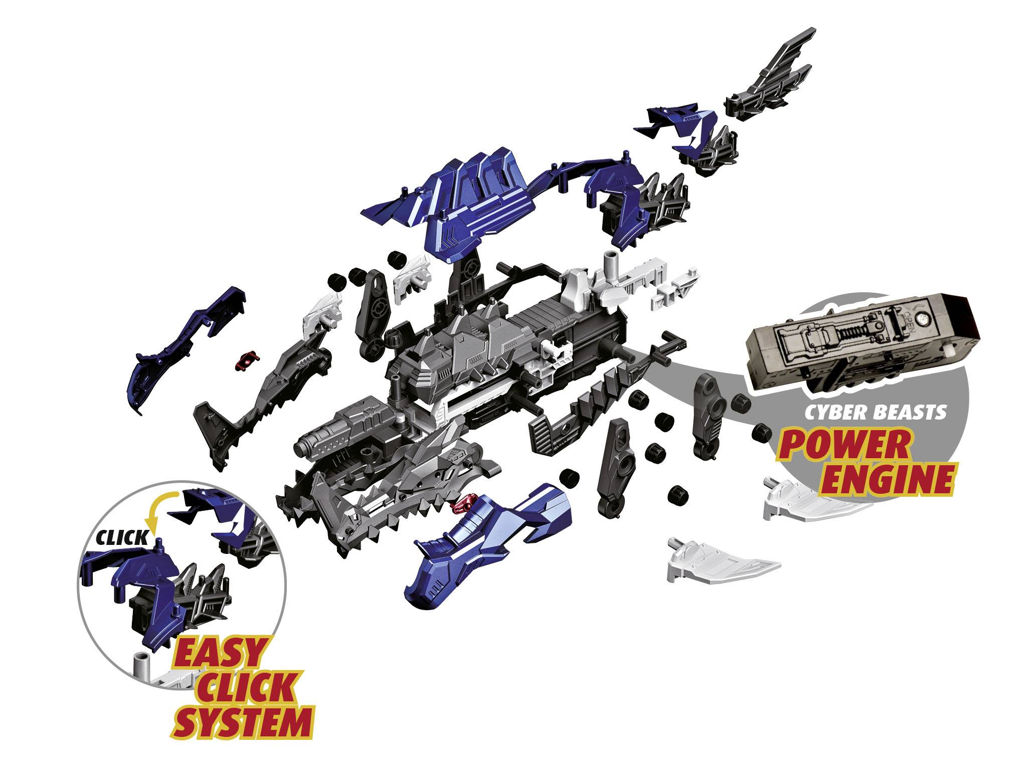 'Exploded view of a blue and black toy dinosaur, highlighting a simple click mechanism and Power Engine.'