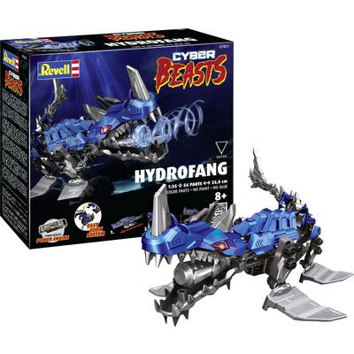 Revell kit model of a blue mechanical dinosaur named 'Hydrofang'. Contains 56 parts for children aged 8 and above. Packaging displays the completed model and assembly instructions.