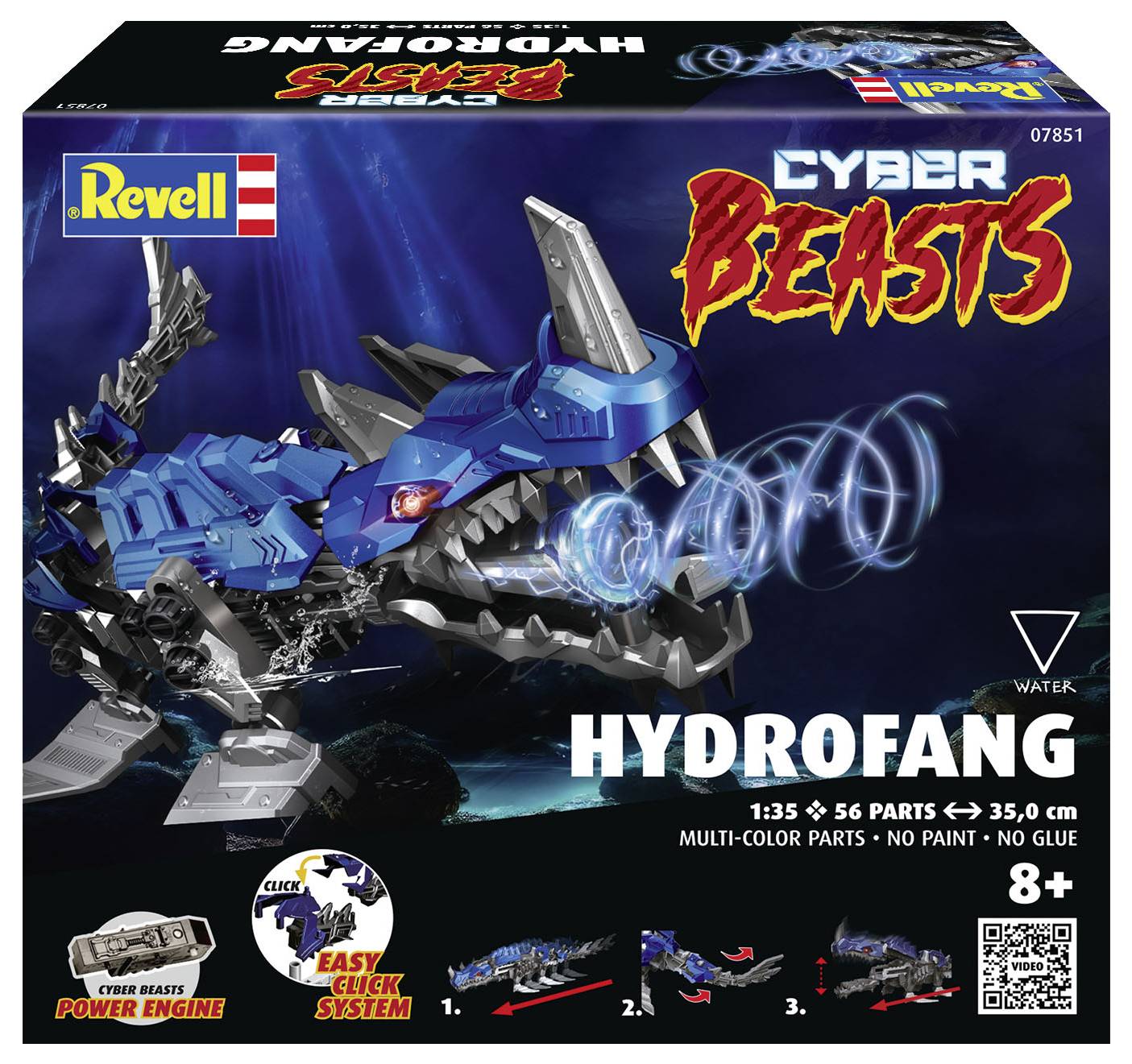 Toy model 'Hydrofang' by Revell depicts a blue mechanical creature. Packaging highlights 'Easy Click System' for simple assembly. Suitable for ages 8 and up.
