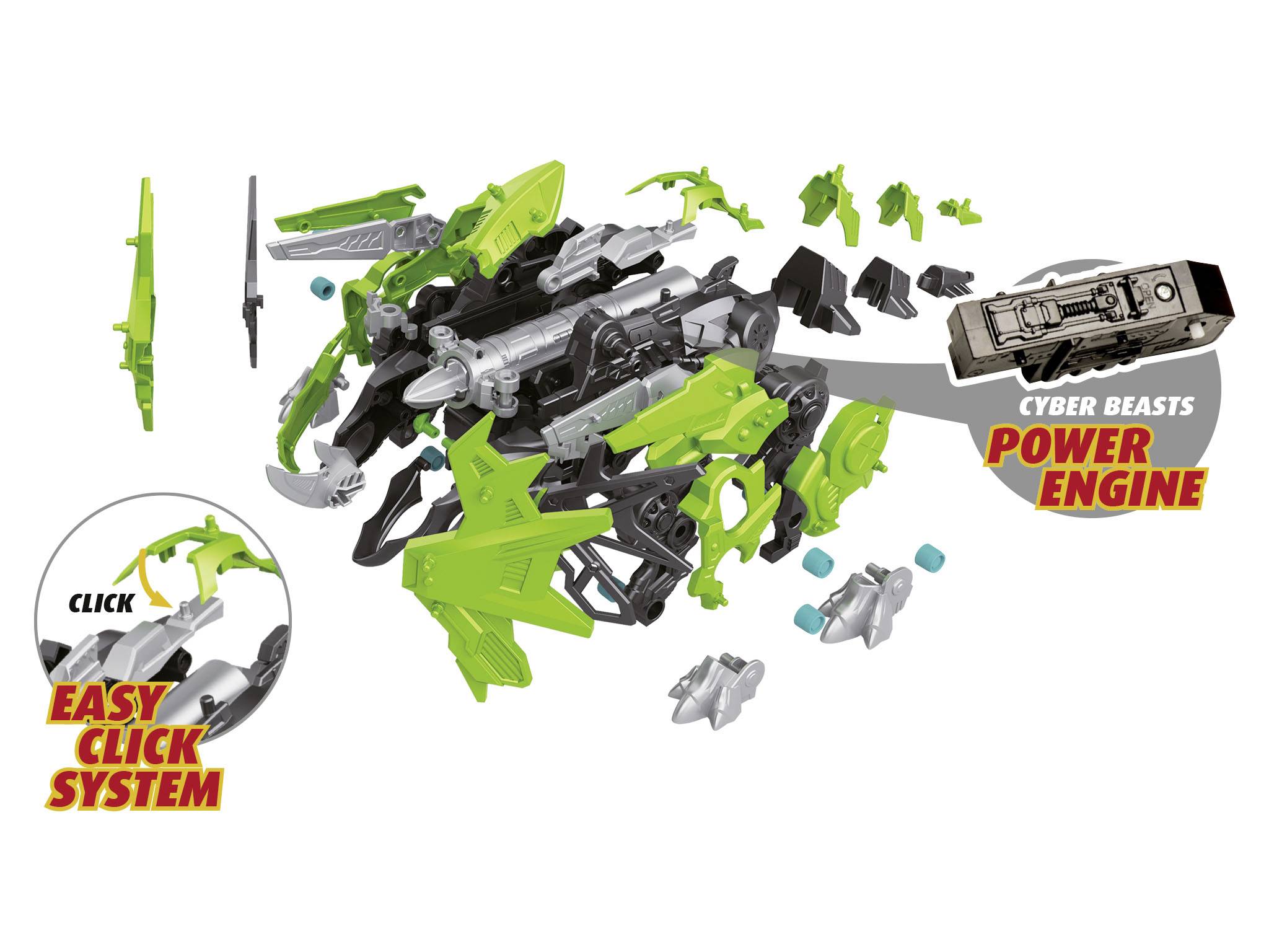 A toy construction kit depicting a green and black mechanical dinosaur, along with individual parts and assembly instructions.
