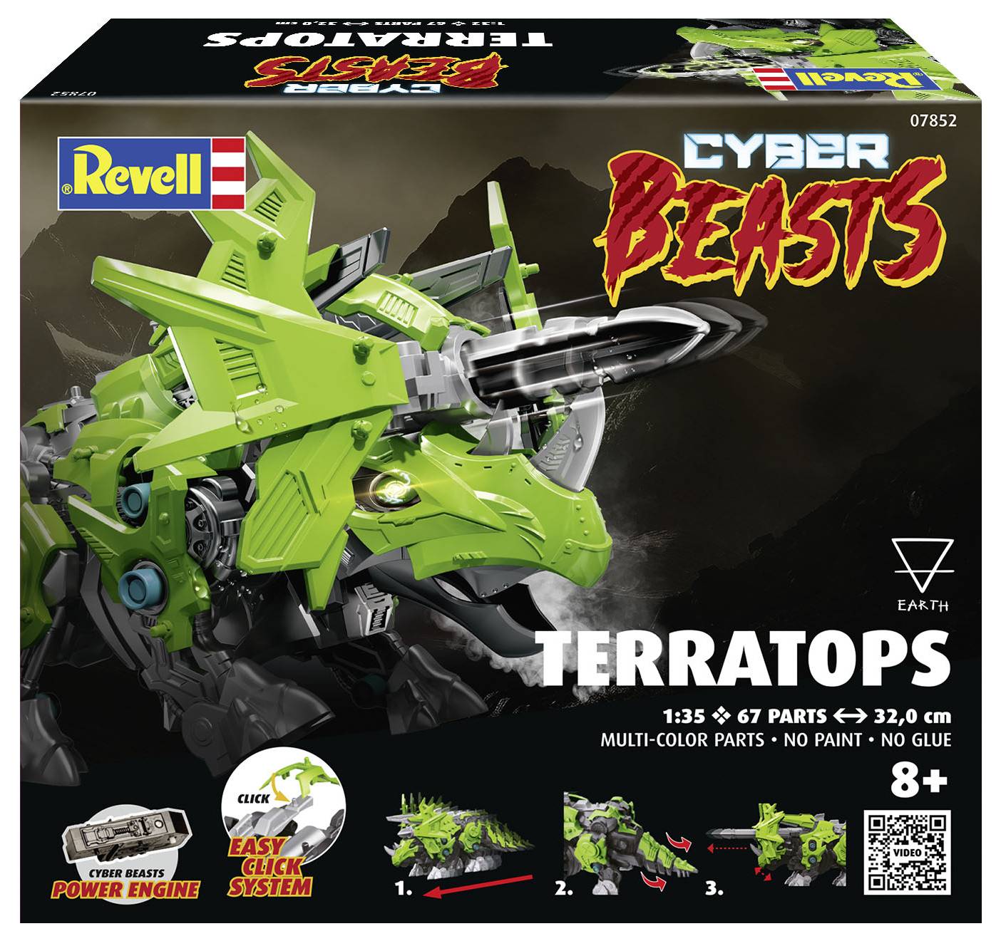 "Cyber Beasts" Model Kit by Revell: Terratops. Contains 67 parts, no glue required. Suitable for ages 8 and up.
