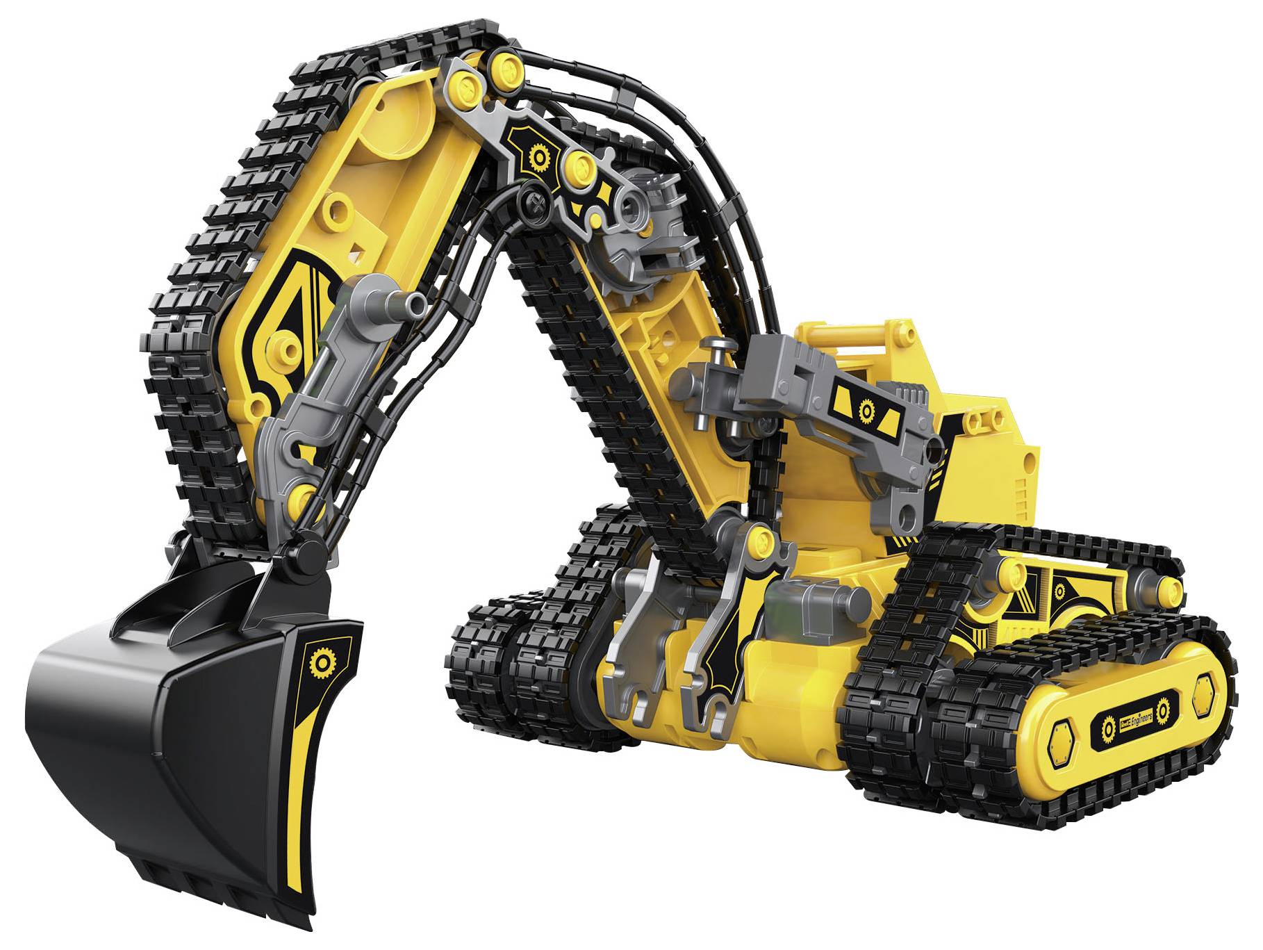 A yellow toy digger with black rubber tracks and a movable arm stacks building blocks.