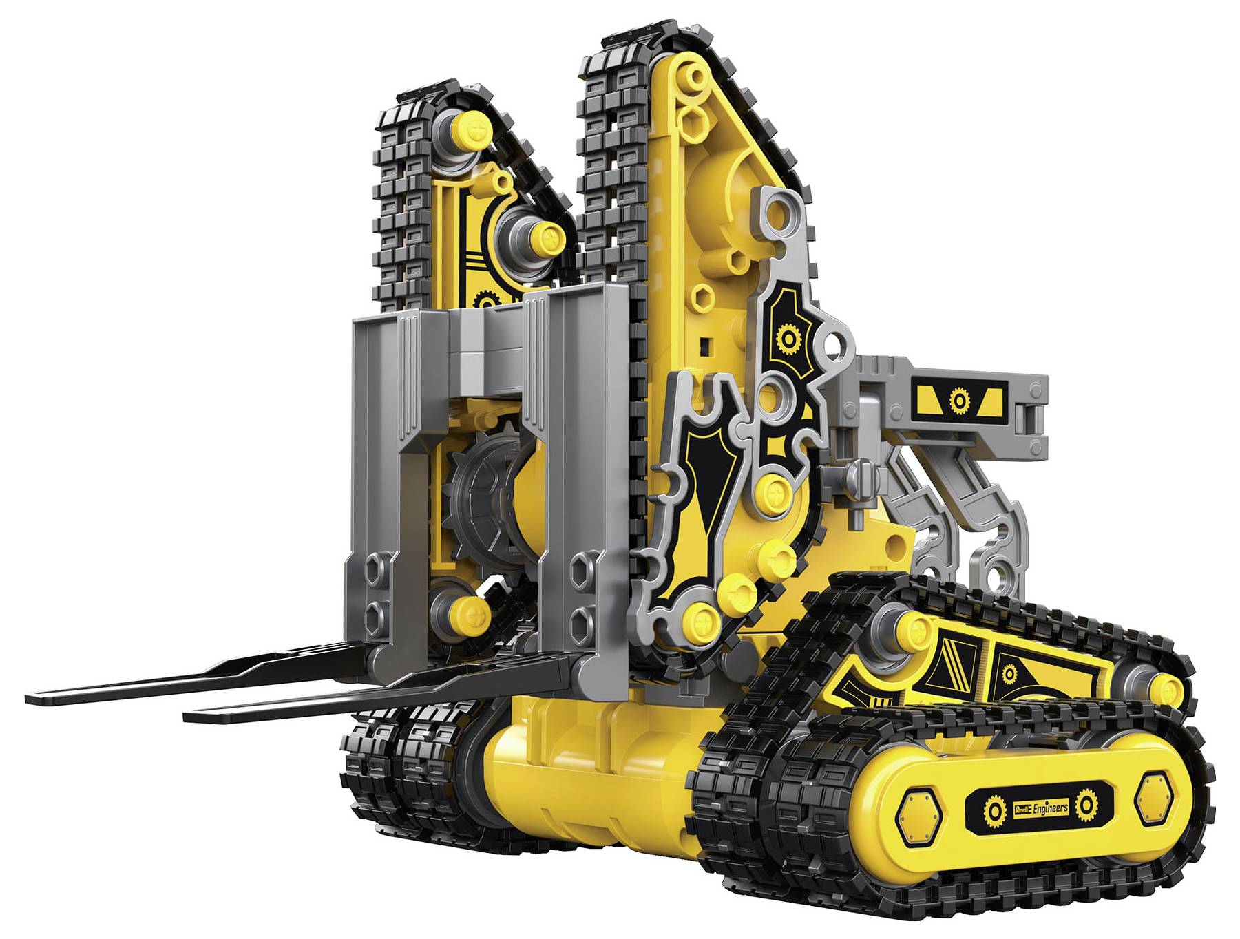 A toy robot made of yellow and black building blocks with movable track drives and a forked arm, resembling a small fork lift truck.