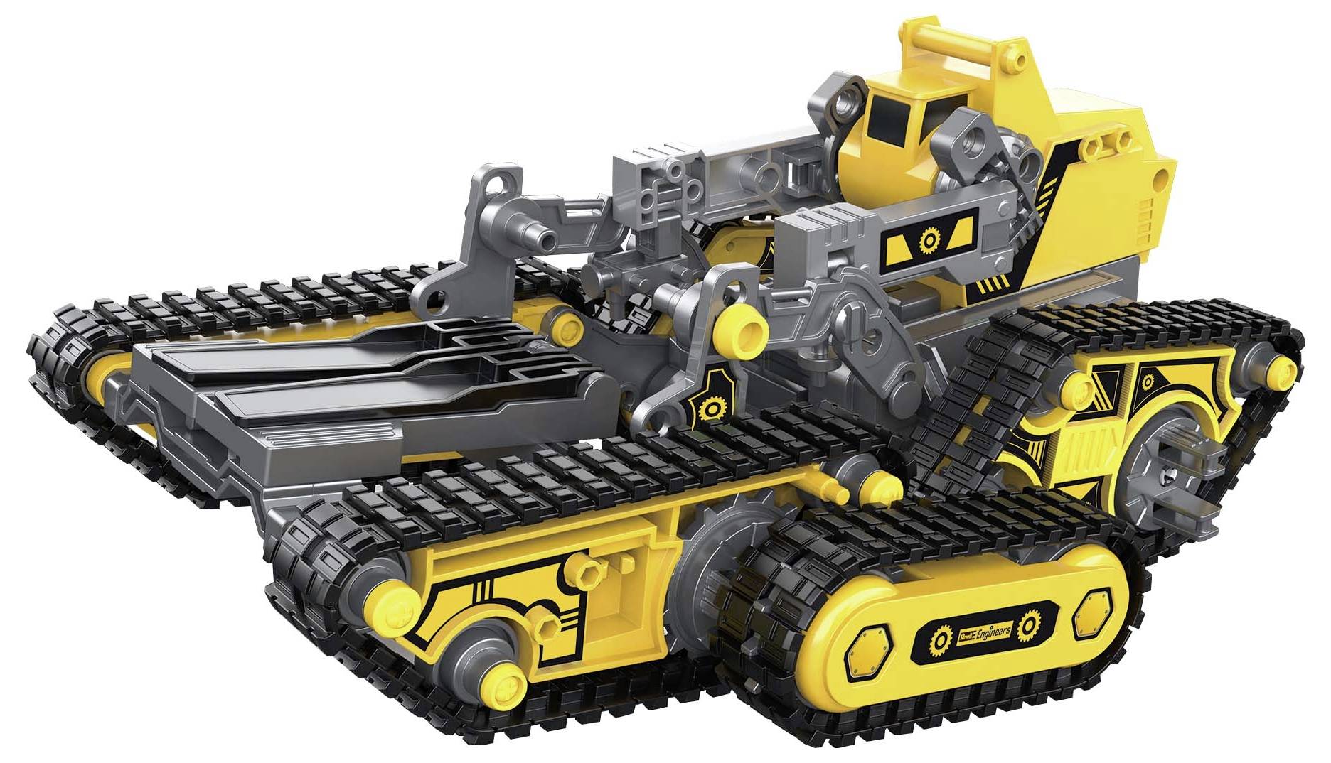 A modular robot vehicle with yellow and grey components on tracked drive, suitable for creative play or model building.