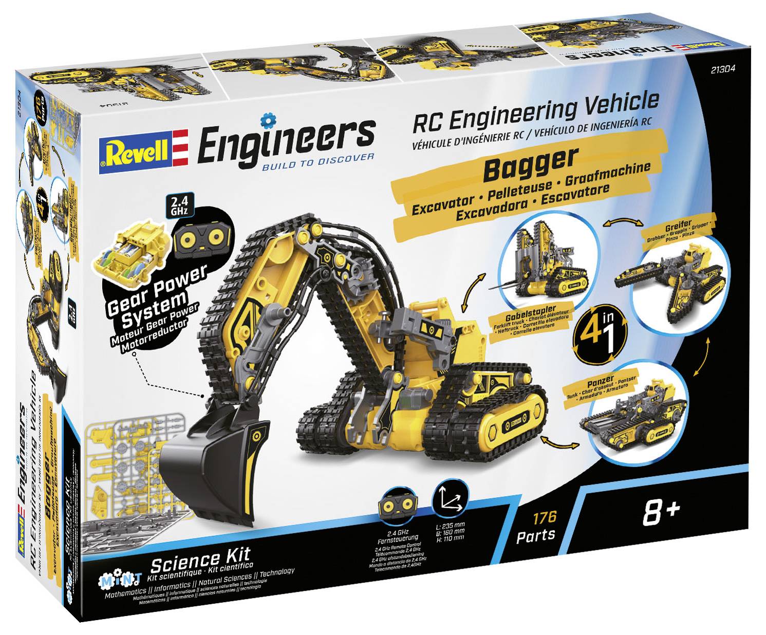 Remote-controlled Construction and Mining Vehicle Kit by Revell. Contains an excavator with 176 parts. Recommended for children aged 8 and above.