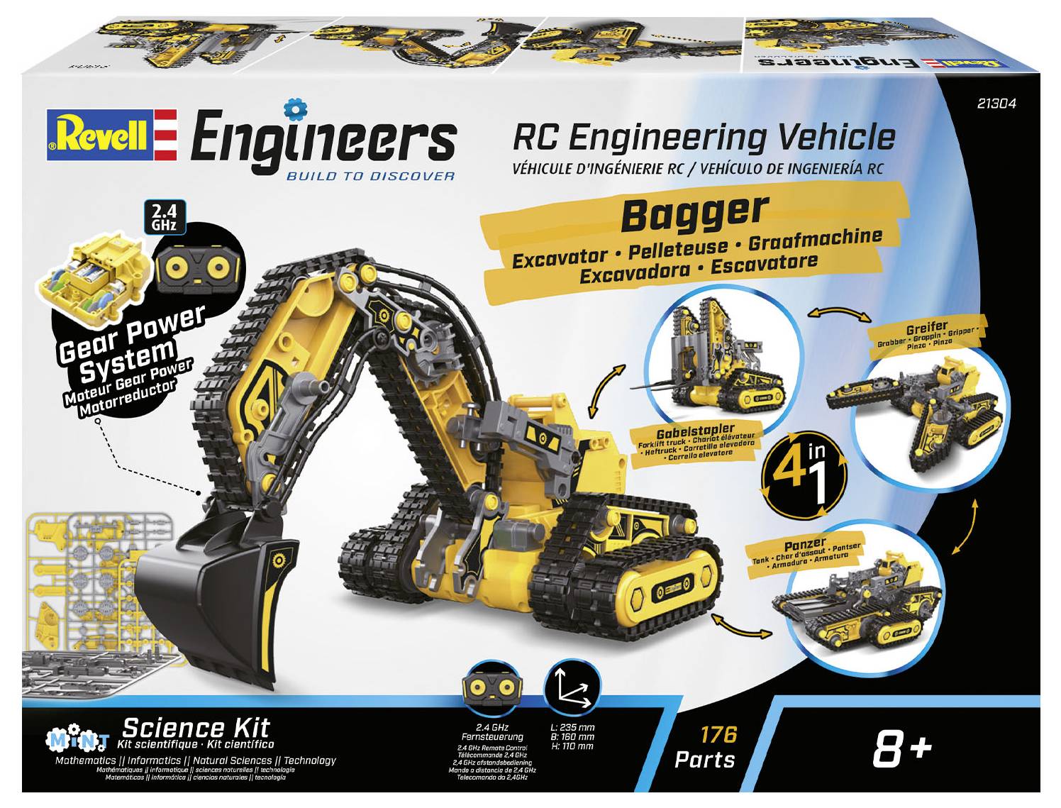 Revell Engineers' Remote-Controlled Excavator Model Kit. Includes 176 parts, suitable for ages 8 and up, emphasising versatility and technical design.