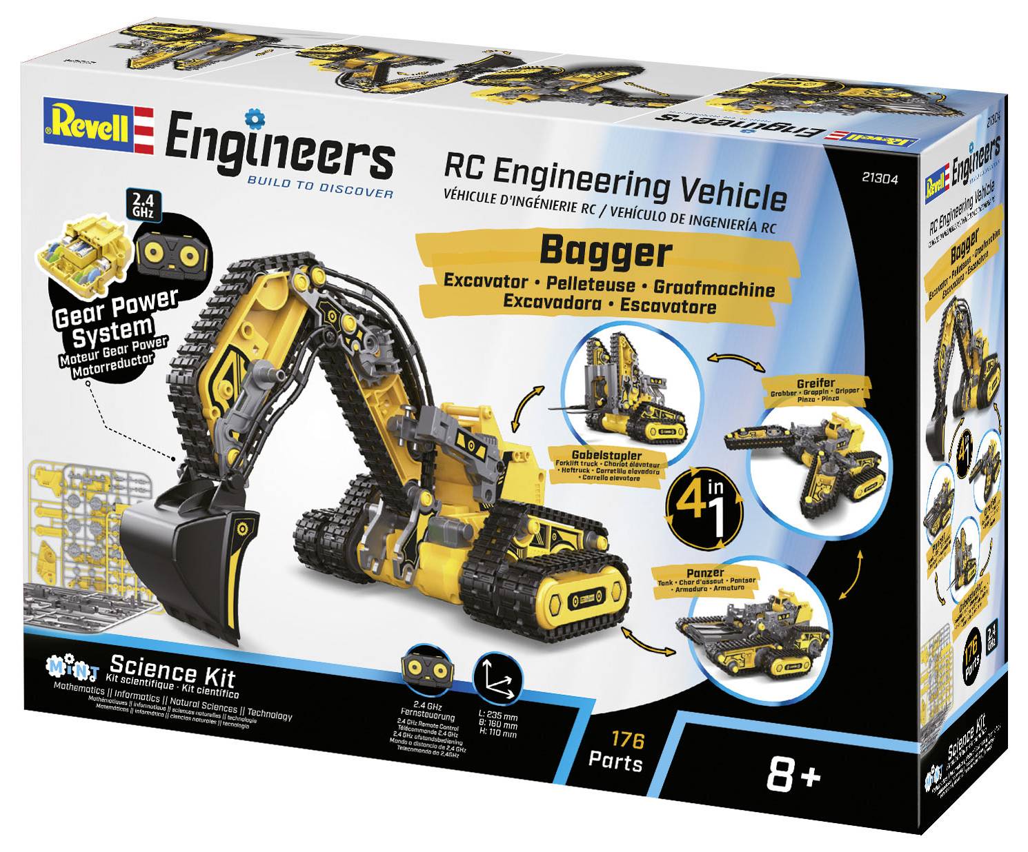 Packaging for an RC Engineering Vehicle excavator model kit by Revell, designed for children aged 8 and above, depicting the digger in action and highlighting its detailed features.