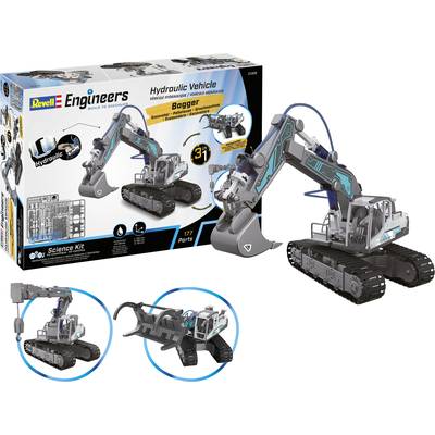 Model kit for hydraulic excavator by Revell Engineers with 177 pieces. Includes picture of completed model. Scientific learning toy.