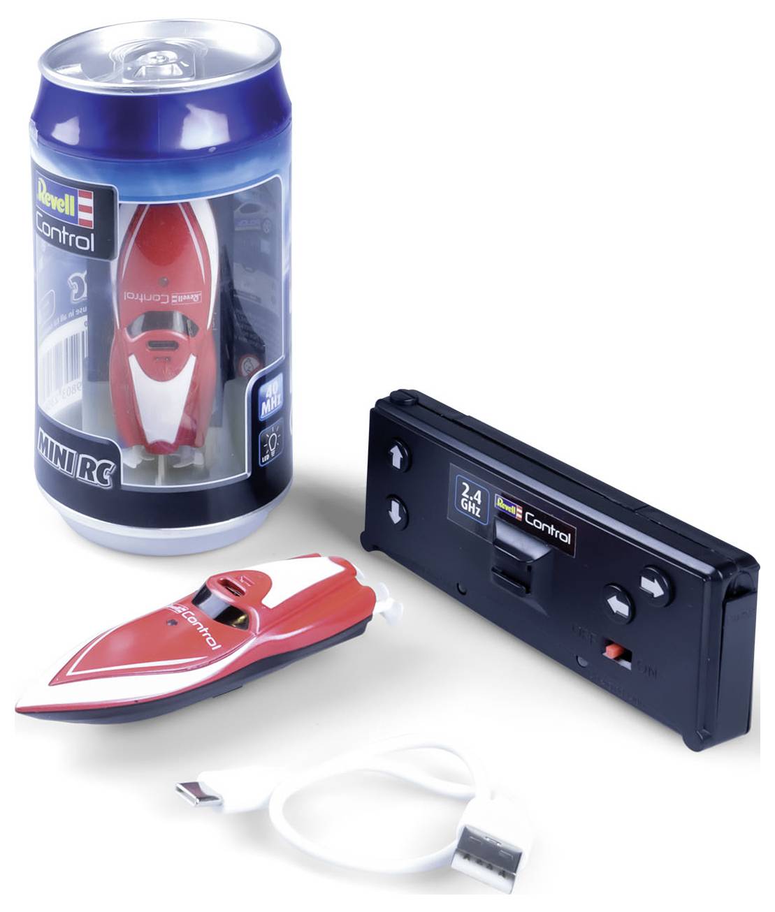 A remote-controlled mini boat in a tin packaging with remote control and charging cable visible.