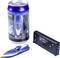 Mini remote-controlled boat in a drinks can packaging next to a remote control. The blue boat is designed for water voyages.