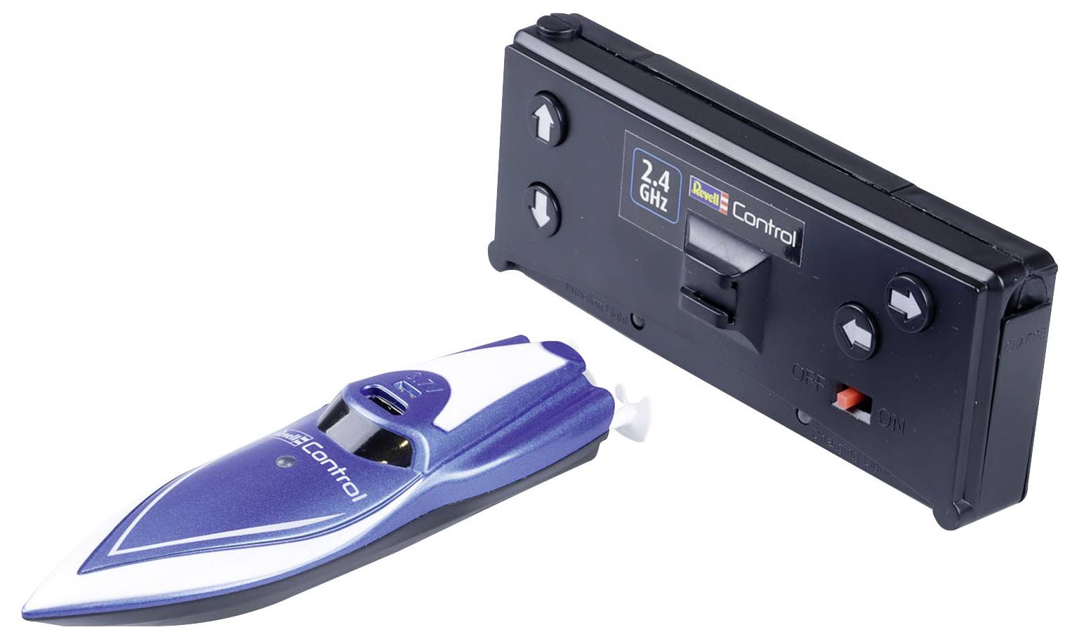 A blue and white remote-controlled boat with a controller. The controller displays '2.4 GHz'. The controller has multiple buttons.