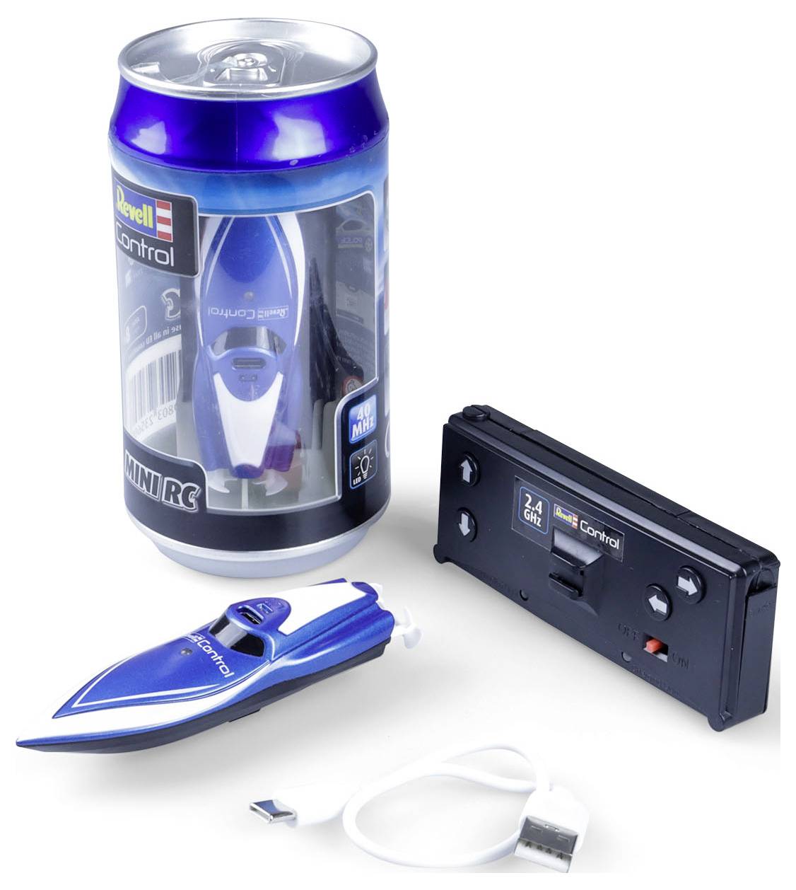 A blue and white mini RC boat with remote control, USB charging cable, and packaging. Packaging displays the boat and the brand logo.