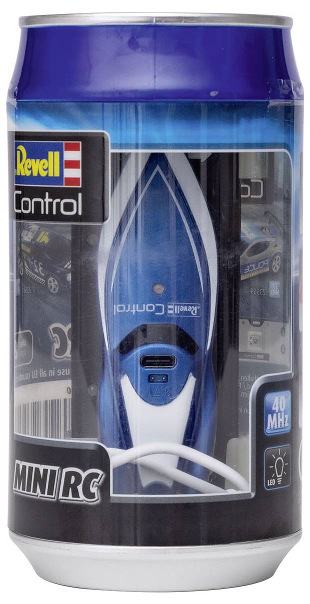 A packaging with a model boat from Revell Control Label 'Mini RC', presented inside the transparent container.