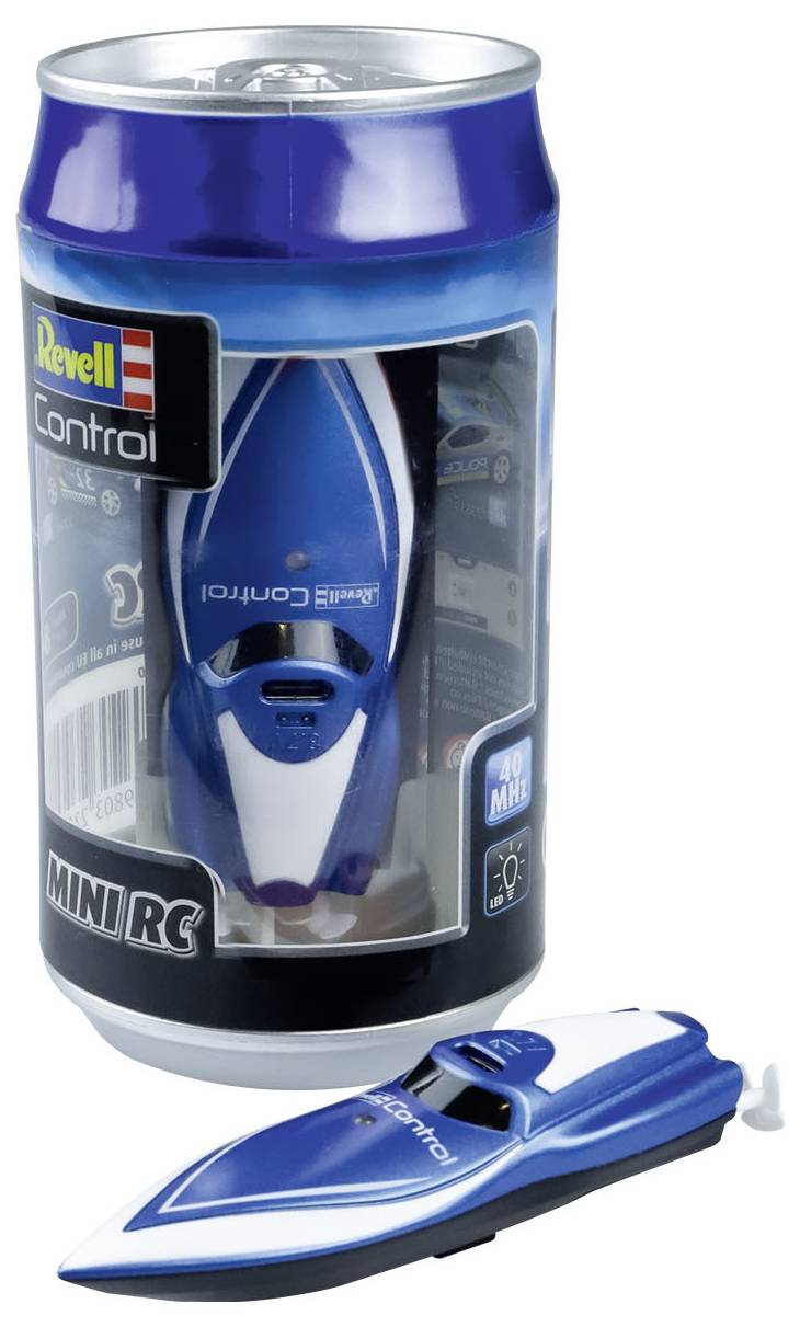 Toy racing boat in a transparent packaging designed to look like a drinks can, with the brand name 'Revell Control' clearly visible.