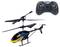 Remote-controlled toy helicopter with blue and yellow casing in flight. A black remote control with two control sticks positioned to the right.