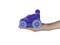 A hand is holding a small, purple-blue toy car with chunky tyres. The car has a futuristic design.