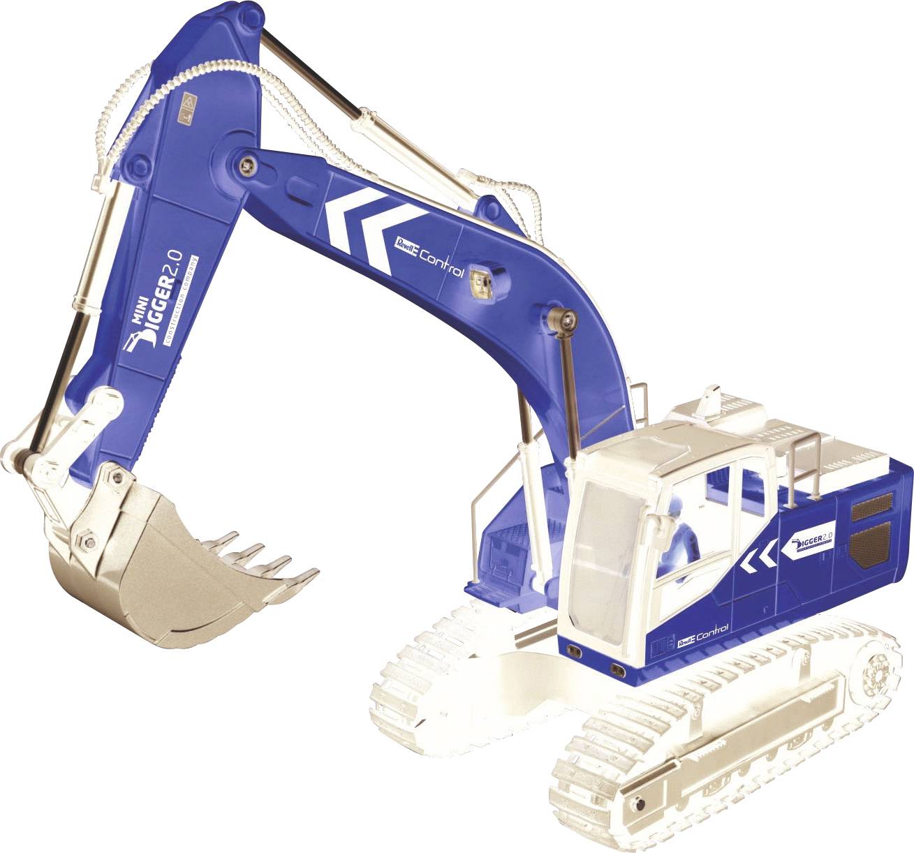 A blue toy digger with caterpillar tracks and a movable bucket, displaying model builder details.