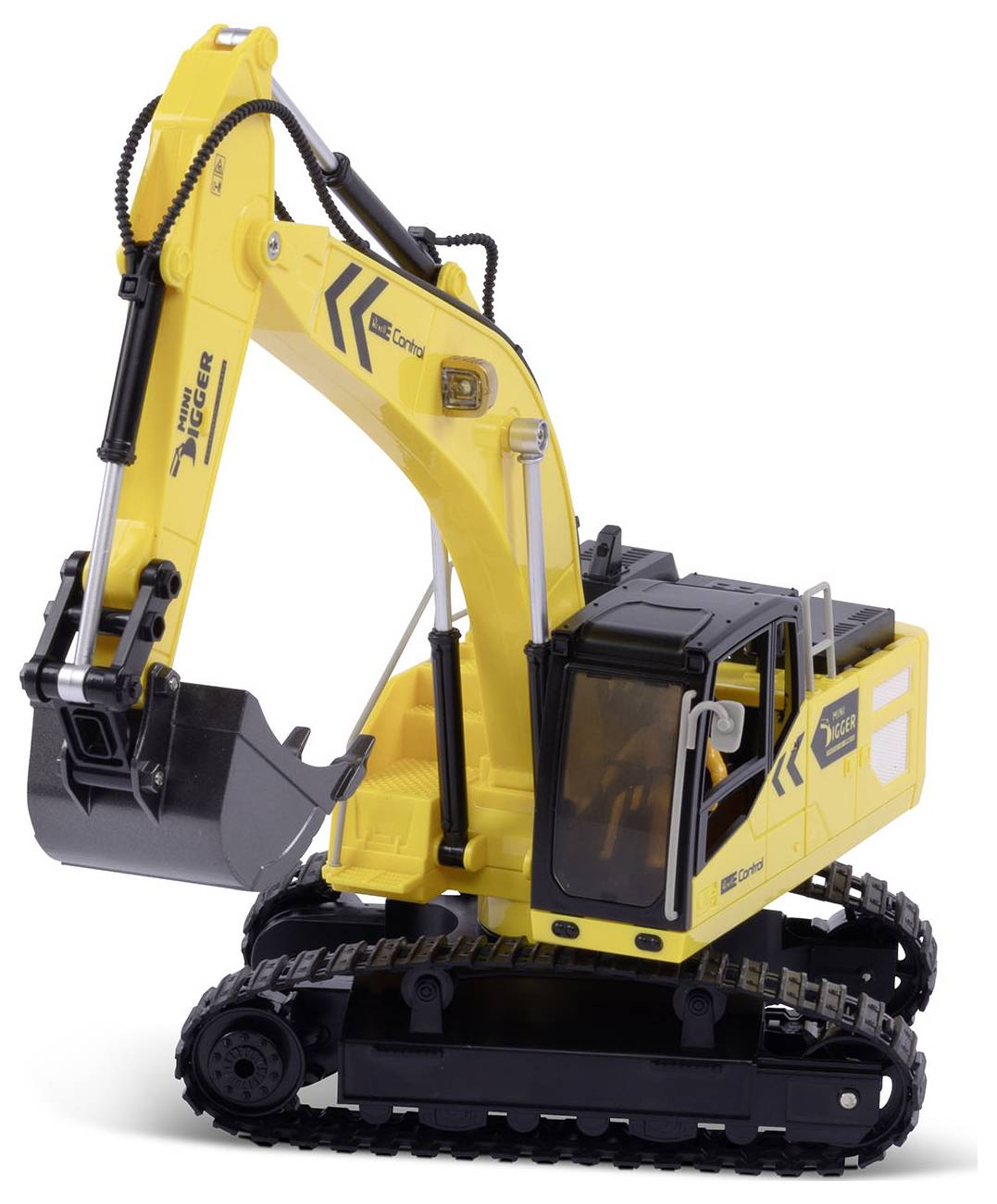 A yellow toy digger with a black boom and tracked chassis on a white background.