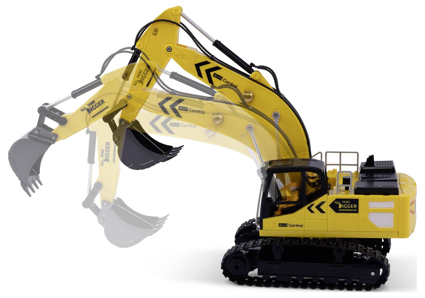 A yellow toy digger with a movable arm shows different positions of the bucket. The digger has black caterpillar wheels.
