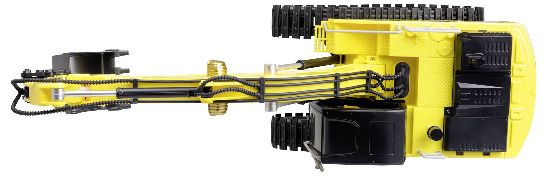 Yellow toy excavator viewed from above, showing the detailed construction of the arms and tracks, without any visible surroundings or background.