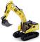 A yellow toy excavator model with a black grab arm and tracked chassis. The design is detailed and realistic.