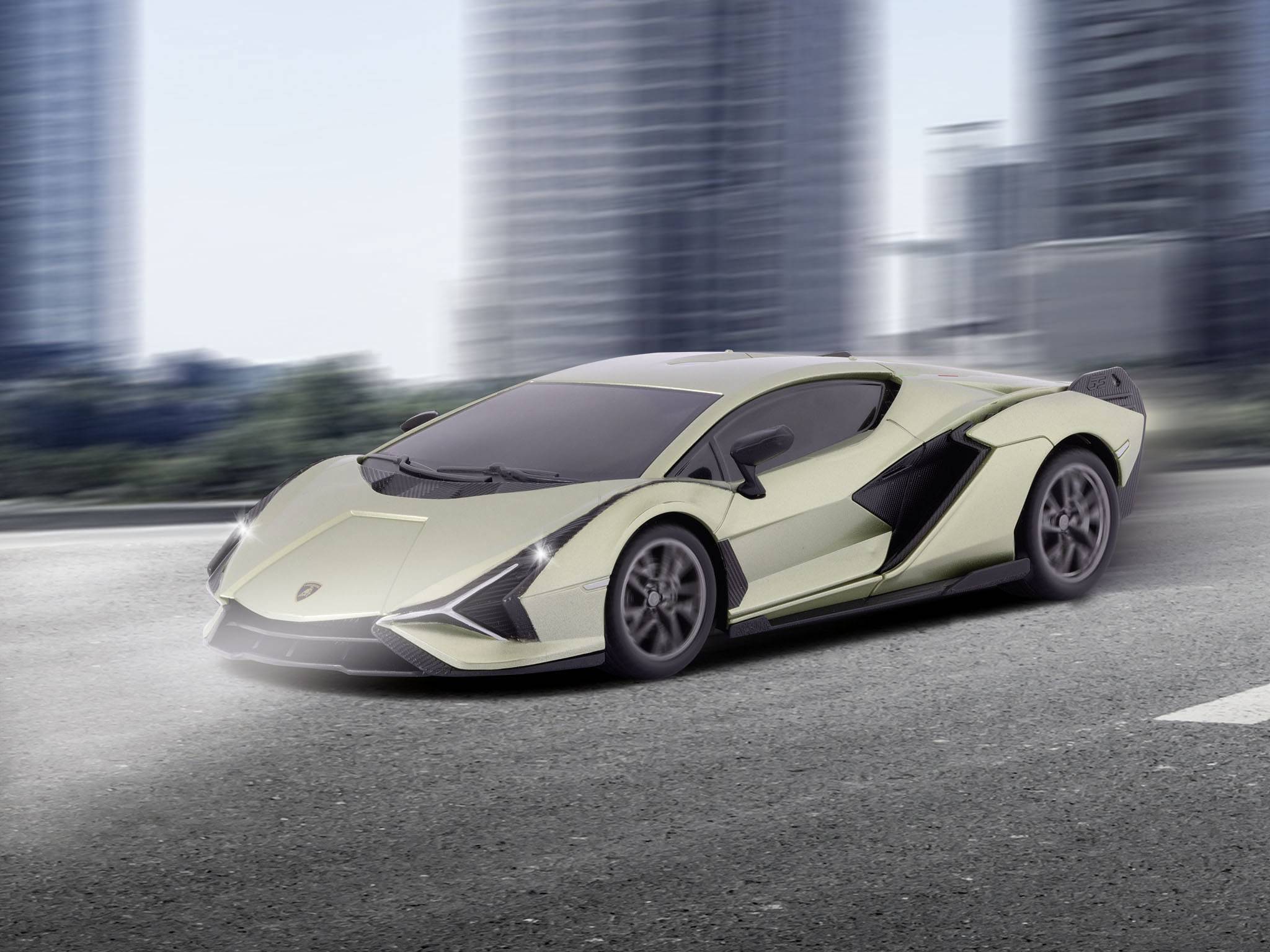 A swift, elegant sports car drives along an urban street, surrounded by blurred skyscrapers in the background.
