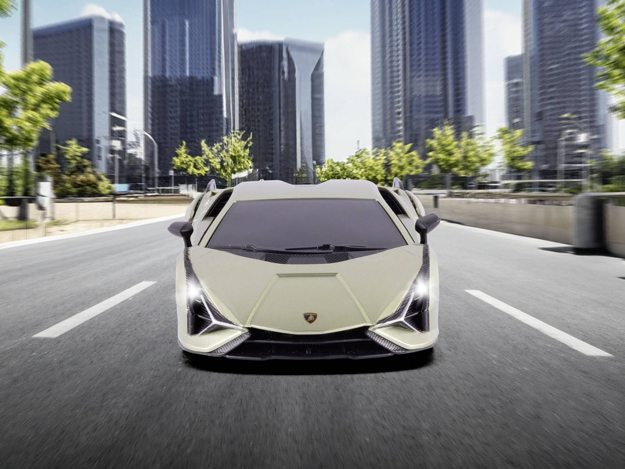 A white sports car drives during the day along an empty urban street. Modern skyscrapers are visible in the background.