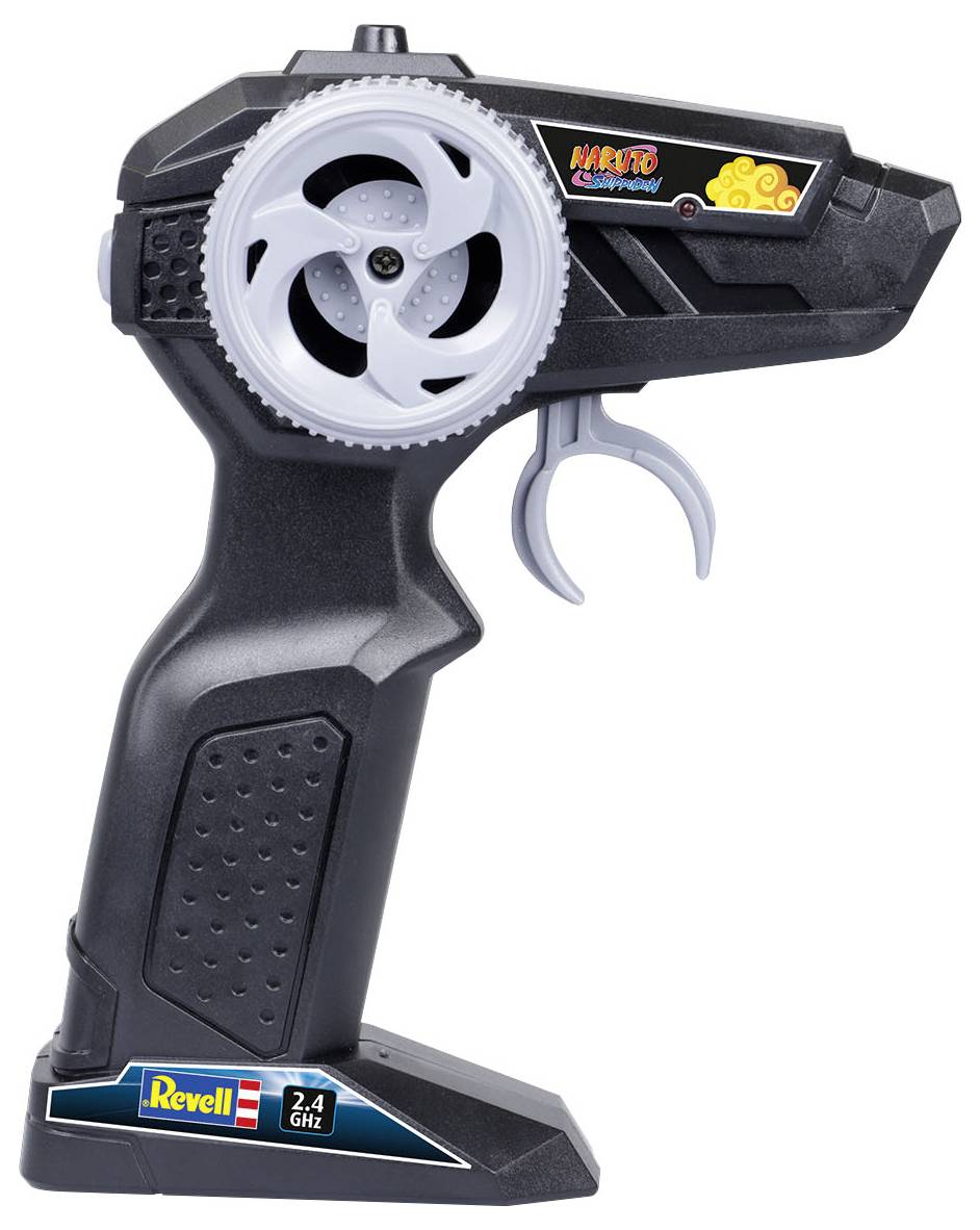 Black remote control controller with wheel and trigger, branded with 'Revell' and 'Naruto Shippuden', used for model building.