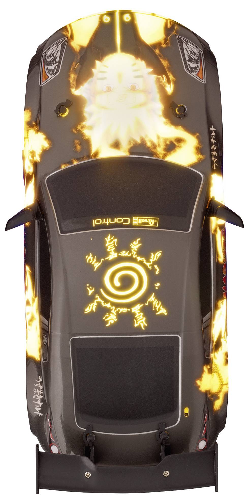 A remote-controlled car viewed from above, decorated with glowing flame patterns and symbols on the bonnet and roof.