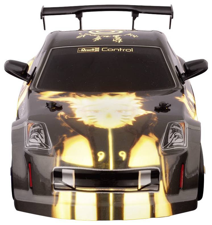 Toy car with black and yellow flame design, rear spoiler, with 'Revell Control' inscription on the windscreen.