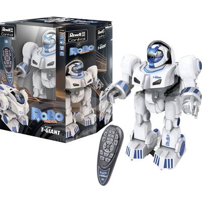 Robotic toy 'Robo Friends T-Giant' with remote control, pictured next to its packaging. White and blue design with articulated arms.
