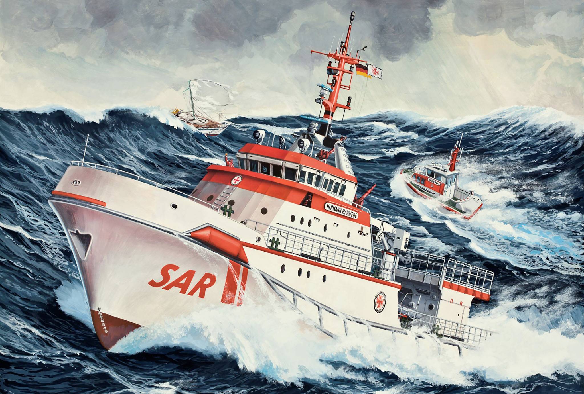 A large search and rescue (SAR) vessel navigates through a stormy sea, followed by a smaller rescue boat; dramatic waves and cloudy sky in the background.