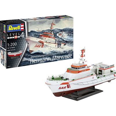 Kit for the 'Hermann Marwede', a sea rescue cruiser, accurately scaled for model representation. Packaging and completed ship model illustrated.