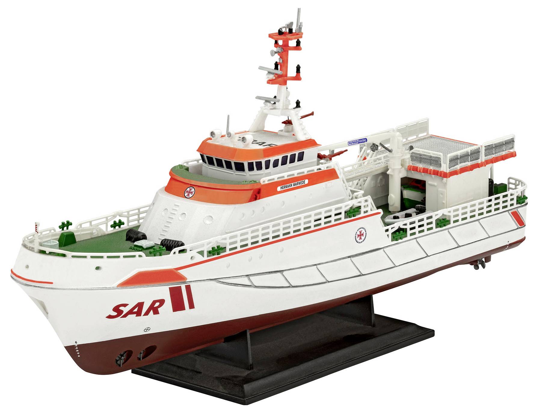 Model of a rescue ship with the inscription 'SAR 11', equipped with rescue platforms and radar on the bridge, mounted on a black base.