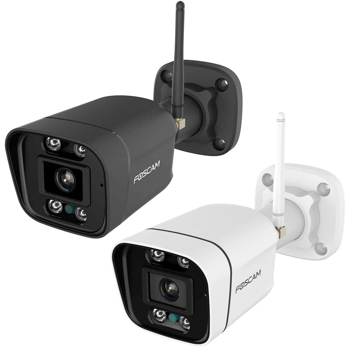 Black and white surveillance camera by Foscam with antennas and wall mounts, suitable for indoor and outdoor use.