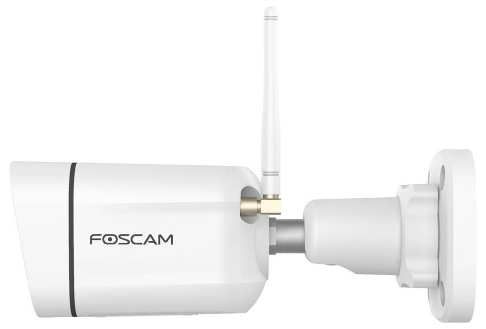 A white Foscam security camera with an antenna, mounted on a wall bracket, for outdoor video surveillance.