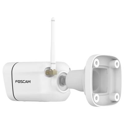 White surveillance camera with antenna and wall mount; side view. Brand: FOSCAM.
